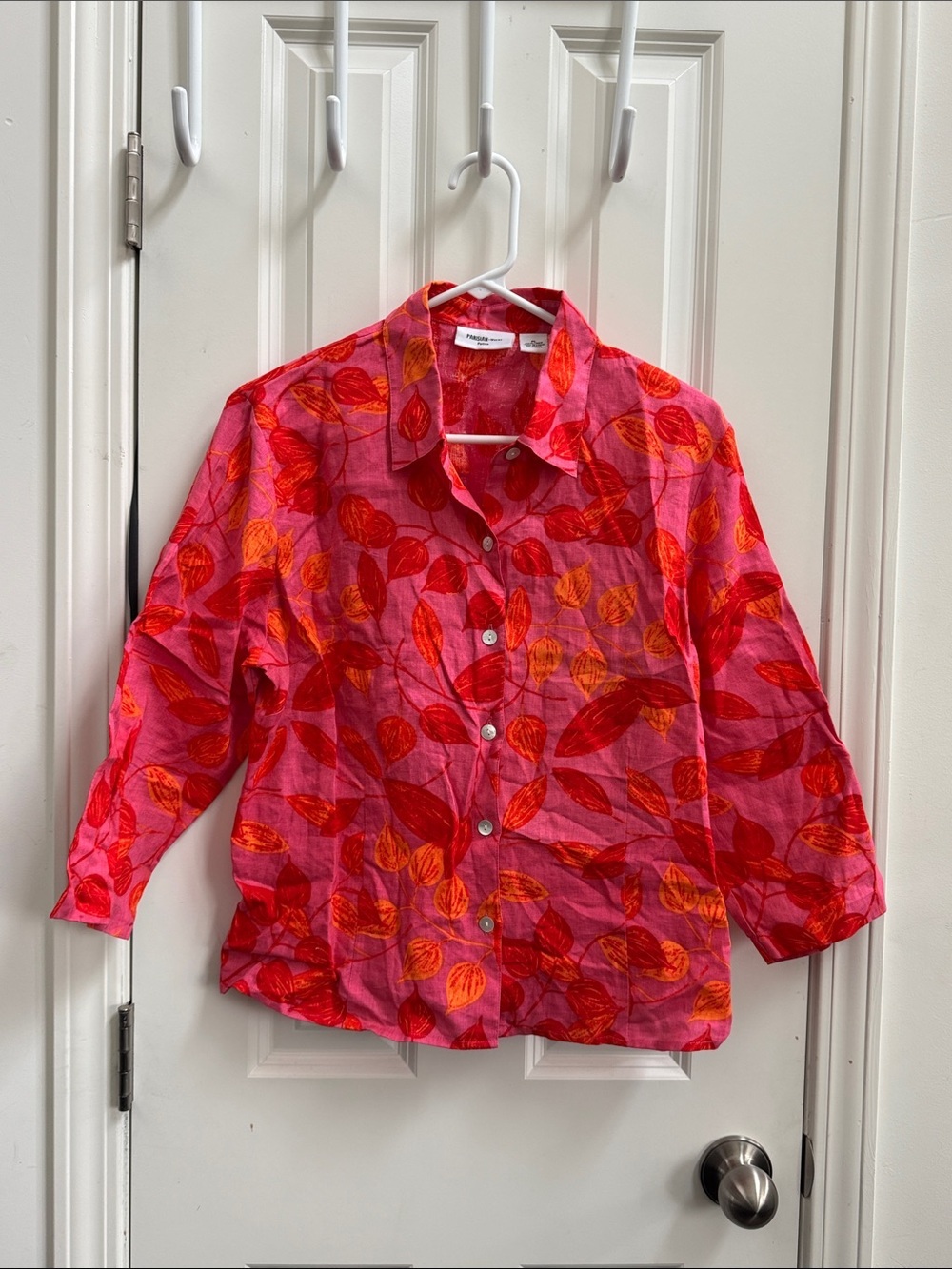 Parisian Works 100% Linen Pink Button-Down Shirt with Red and Orange Leaf Print